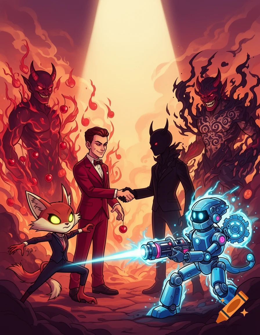 A cartoon shows a man in a red suit shaking hands with a devil, while a fox and a robot with a laser gun confront two larger demons.