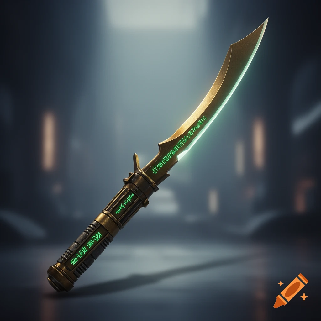 A dark gold scimitar-style lightsaber with a durasteel handle and glowing green inscriptions against a dark, blurred background.