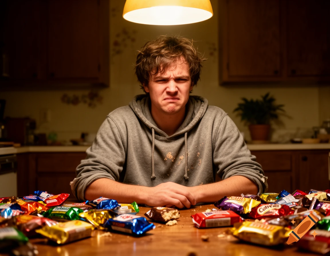 A miserable-looking young man with messy hair sits at a table covered in chocolate bar wrappers and crumbs, illuminated by a warm overhead light. Photorealistic.