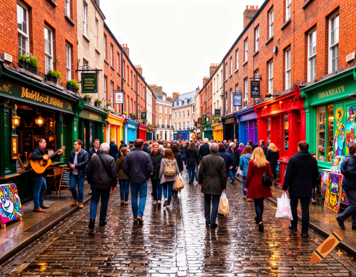 A vibrant street scene in a European city, with a crowd of people walking on a wet cobblestone street lined with colorful shops and brick buildings, and a man playing guitar.