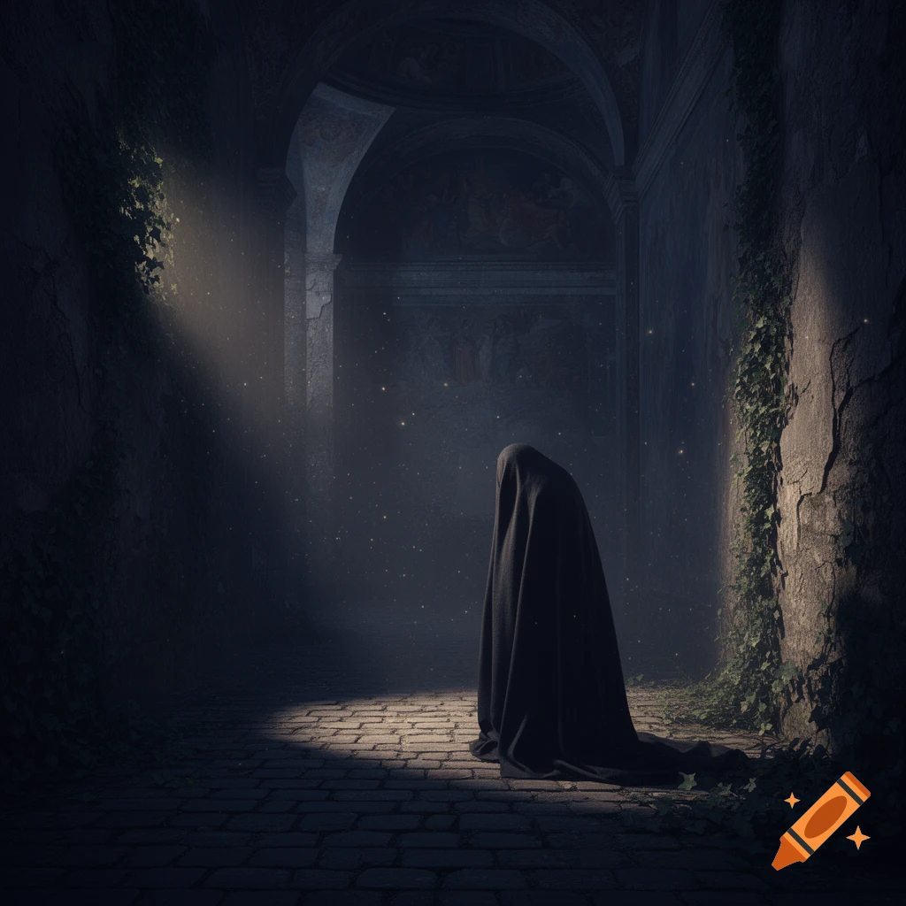 A dark, cloaked figure sits in a gloomy, ancient stone passageway with arches and ivy, illuminated by a ray of light.