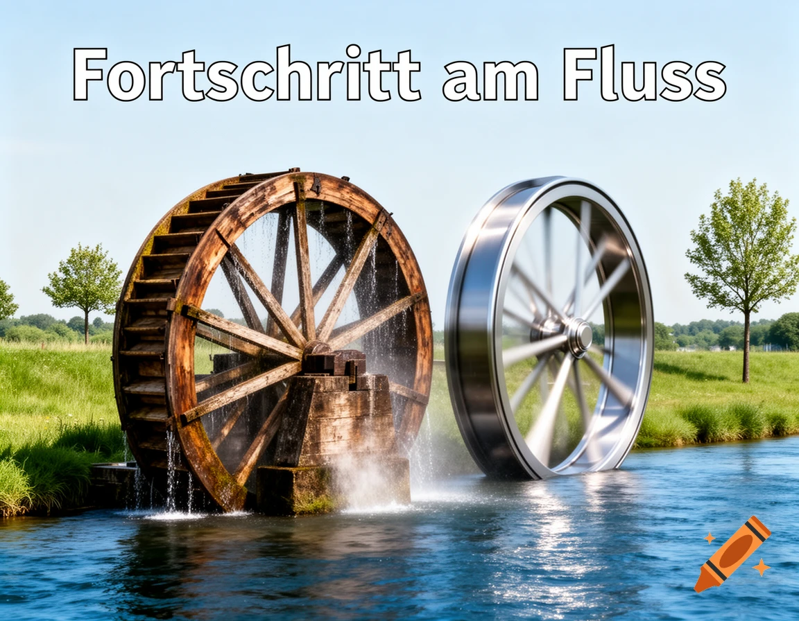 Photorealistic image of an old wooden water wheel and a modern metal wheel in a river, with green banks and trees. Text: Fortschritt am Fluss.