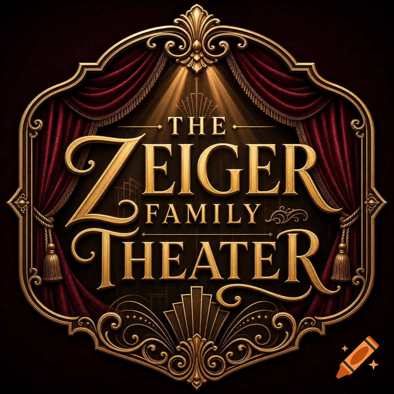 Ornate gold logo for 'The Zeiger Family Theater' with red velvet curtains and spotlights in a vintage style.