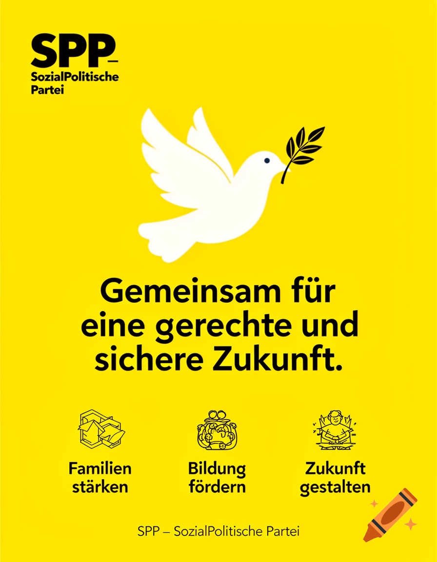 Yellow political poster with a white peace dove holding an olive branch, black text for 'SPP' and a slogan, and three black icons.