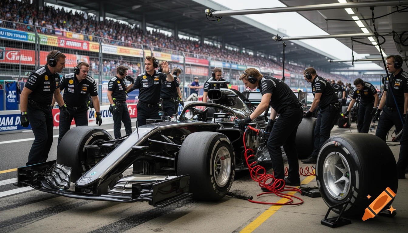A Formula 1 pit crew works on a black race car in the Hockenheimring pit lane, with spectators in the background.