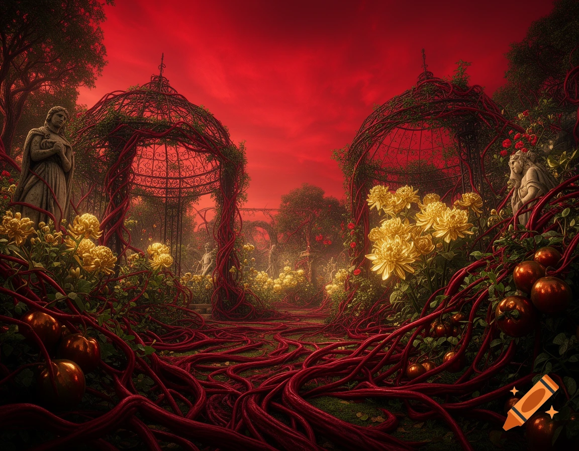 A fantastical garden with intricate red vines, golden flowers, fruit, and classical statues under a dramatic crimson sky.