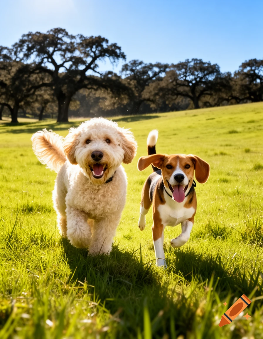 A fluffy goldendoodle and a beagle running through a sunny green field with trees in the background.