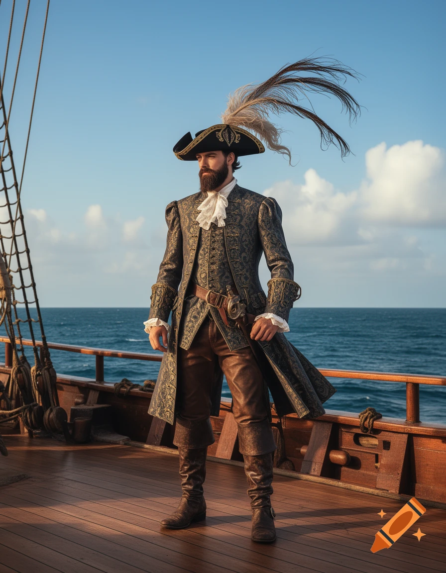 A bearded man in a detailed musketeer/pirate coat and feathered hat stands on a wooden ship deck with the ocean behind him.