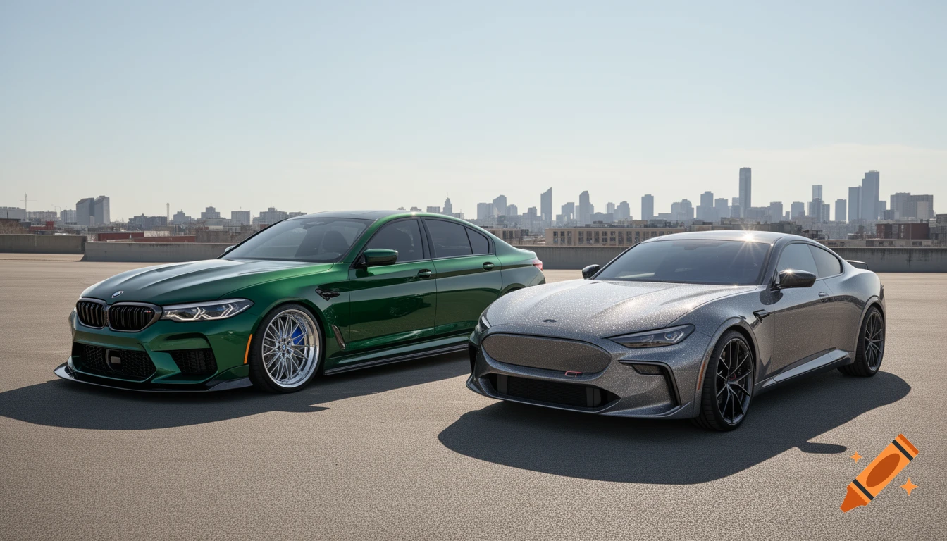 A dark green BMW M5 G90 sedan with a body kit is parked next to a glittery gray Ford Mustang Mach-E GT coupe on a rooftop with a city skyline in the background.