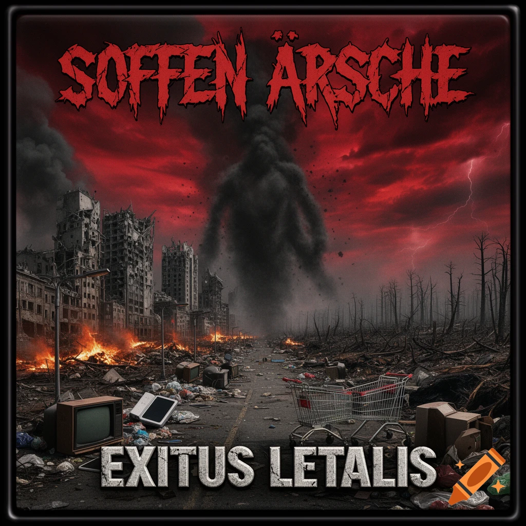 A grim post-apocalyptic city in ruins with burning buildings under a blood-red sky, a giant smoky monster, and text 'SOFFEN ÄRSCHE' and 'EXITUS LETALIS'.