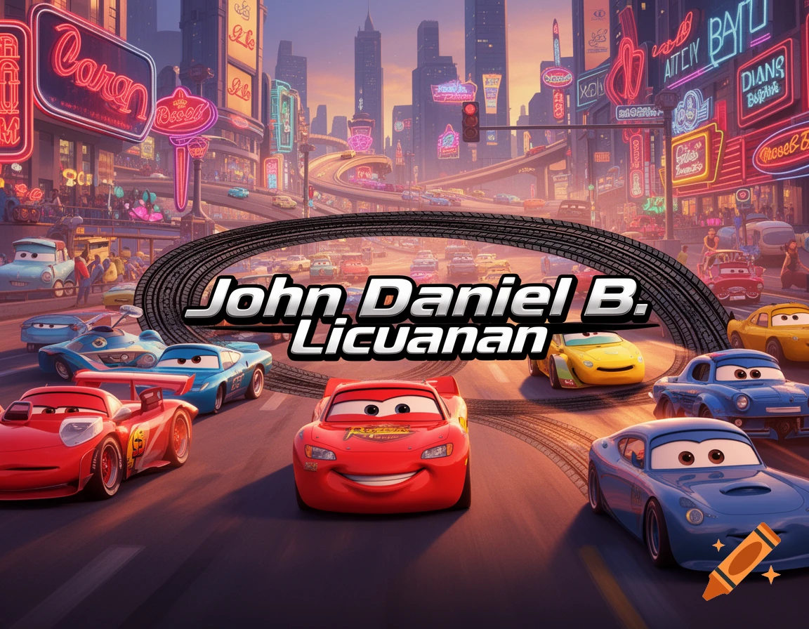 A vibrant animated scene featuring anthropomorphic cars in a city at sunset, with a prominent sign reading "John Daniel B. Licuanan" over tire tracks.