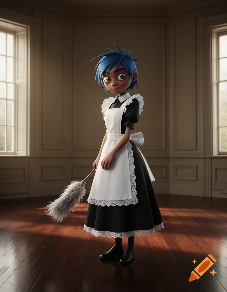 A cartoon character with blue spiky hair, dressed in a maid outfit, stands in a sunlit room holding a feather duster.