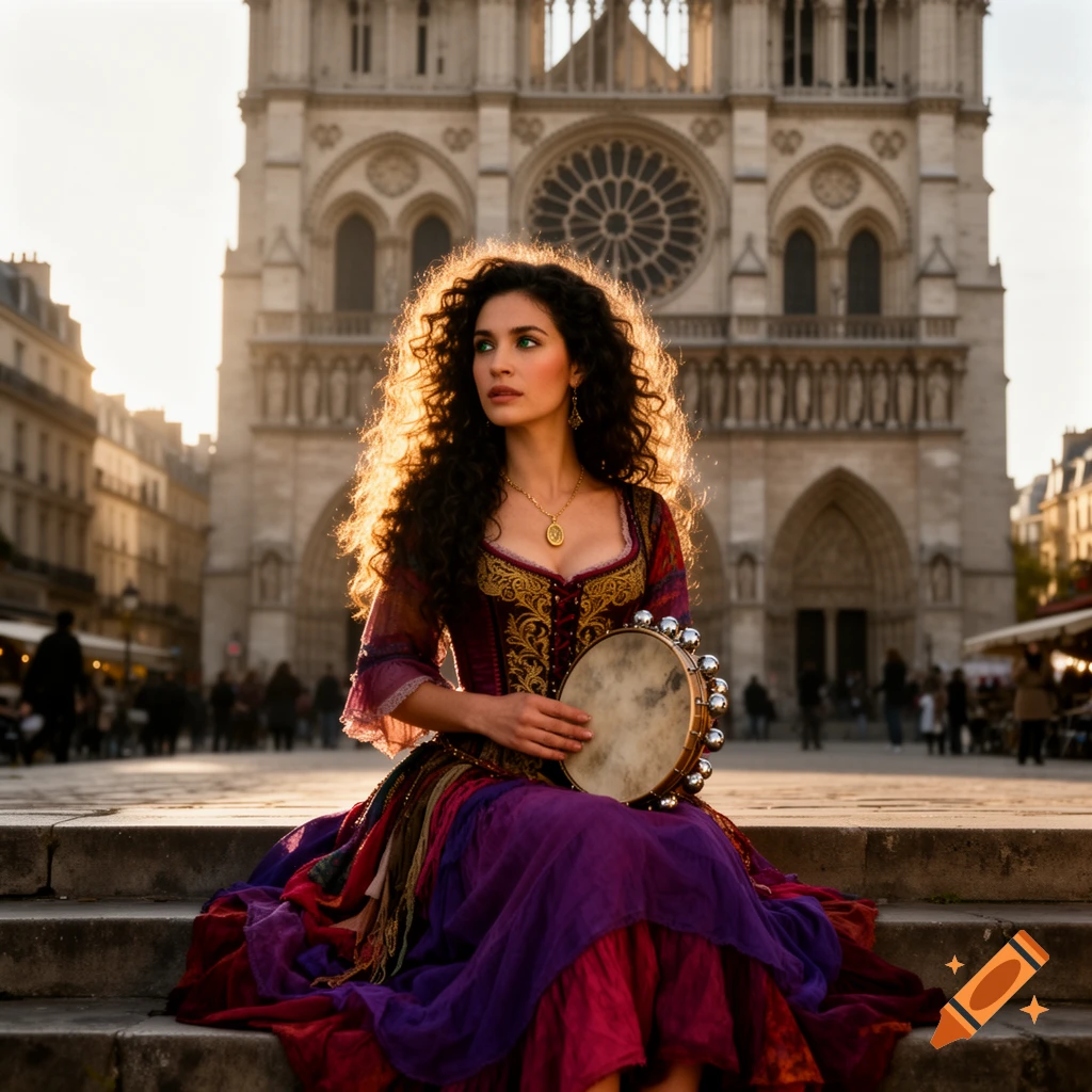 A woman in a vibrant, multi-colored costume with a tambourine sits on steps in front of Notre Dame Cathedral at sunset.