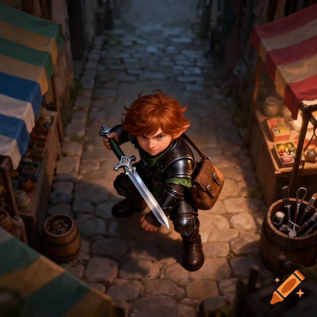A top-down view of a crouching halfling in dark armor with red hair and pointed ears, holding a sword in a dim medieval alley market.