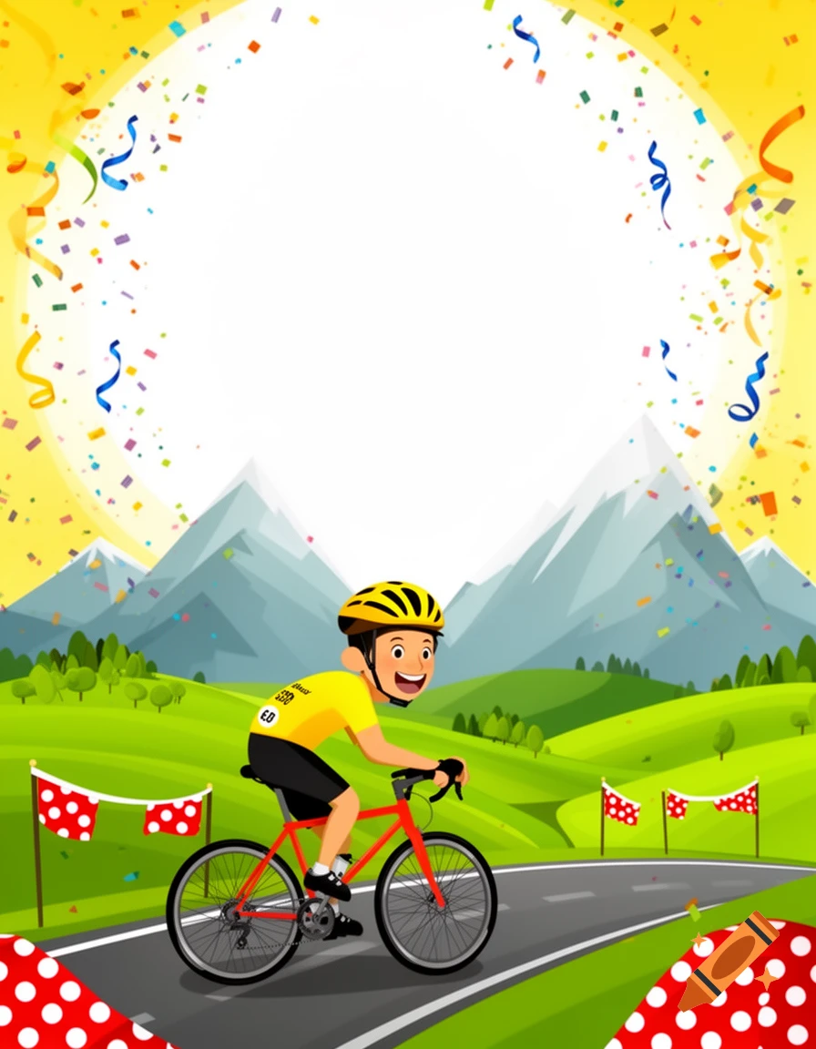 Cheerful cartoon cyclist in a yellow jersey races through green hills with mountains, confetti, and flags, in a festive vector illustration style.