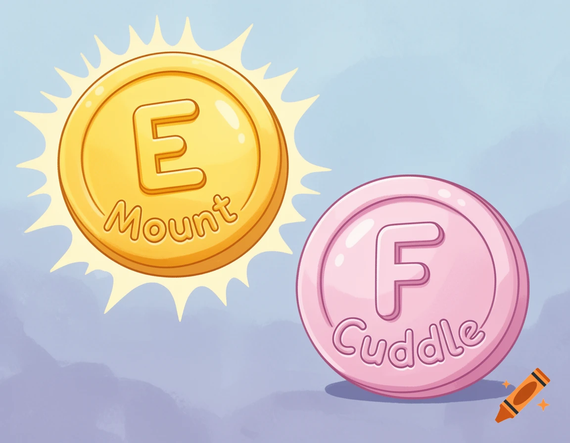 A cartoon illustration featuring a golden coin-like button with 'E Mount' and a pink coin-like button with 'F Cuddle' on a light blue background.
