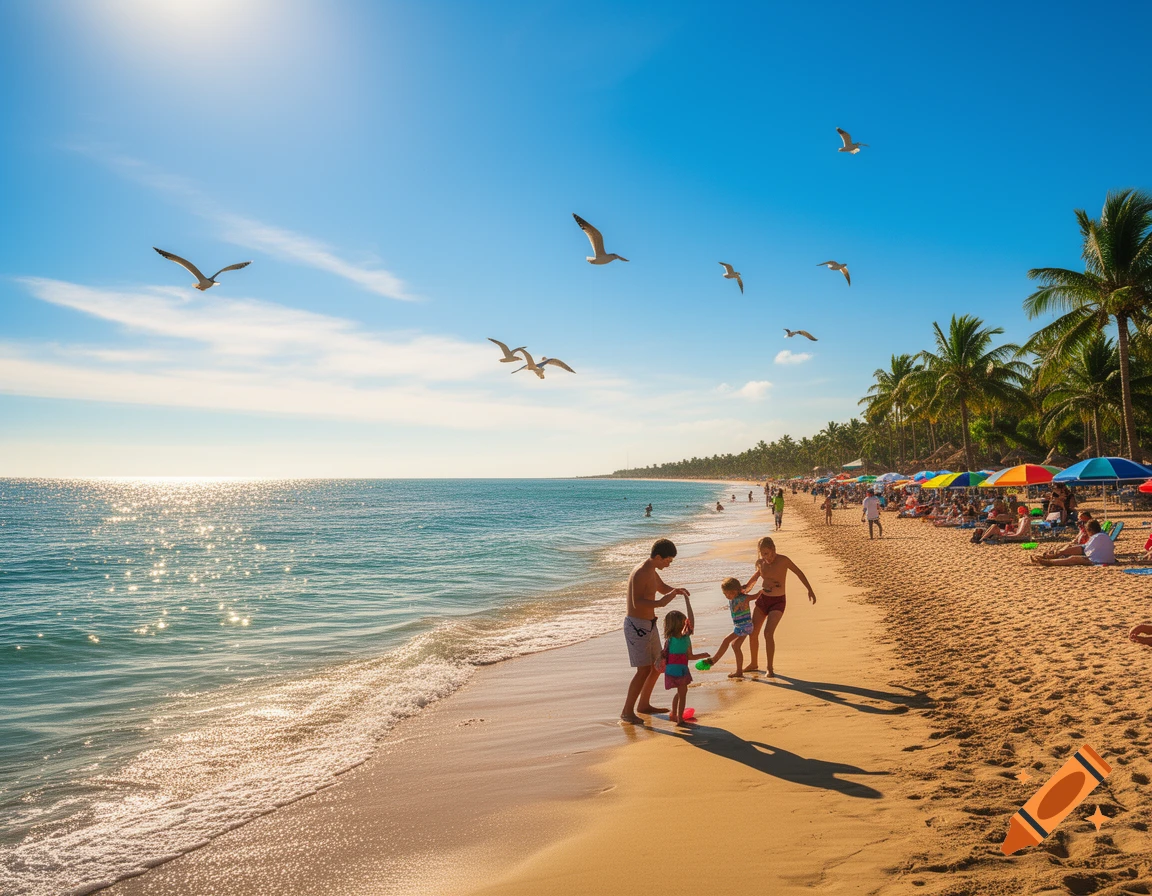 Photorealistic sunny beach with people, palm trees, sparkling ocean, and seagulls flying overhead.