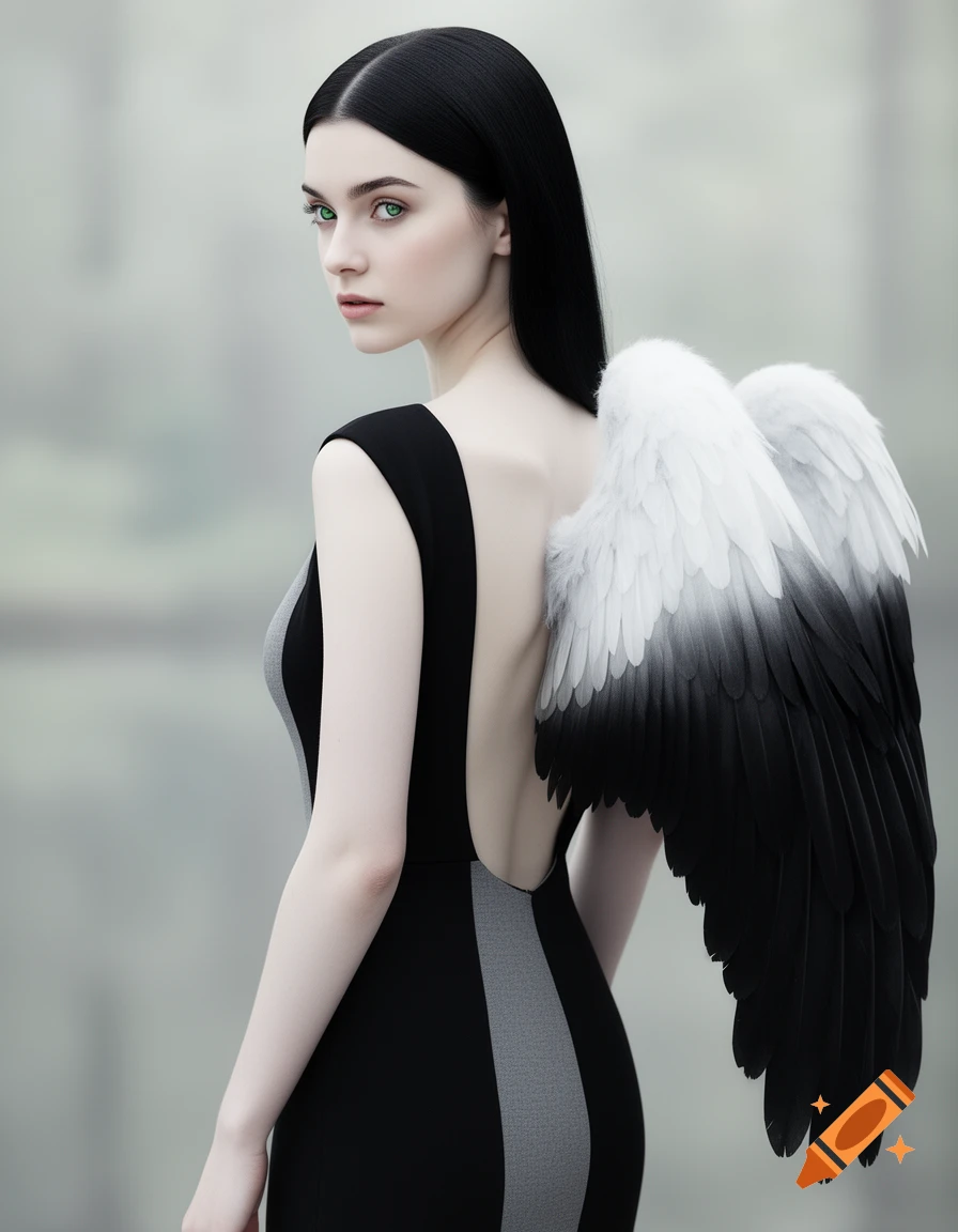 A pale woman with black hair and green eyes looks over her shoulder, wearing a black and gray backless dress, with large black and white wings on her back.