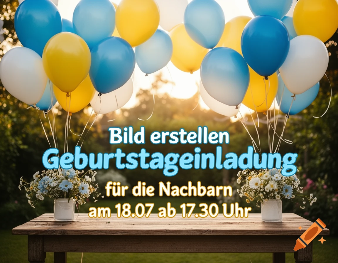 A birthday invitation image with blue, yellow, and white balloons, flower bouquets on a wooden table, and text indicating a party date and time.