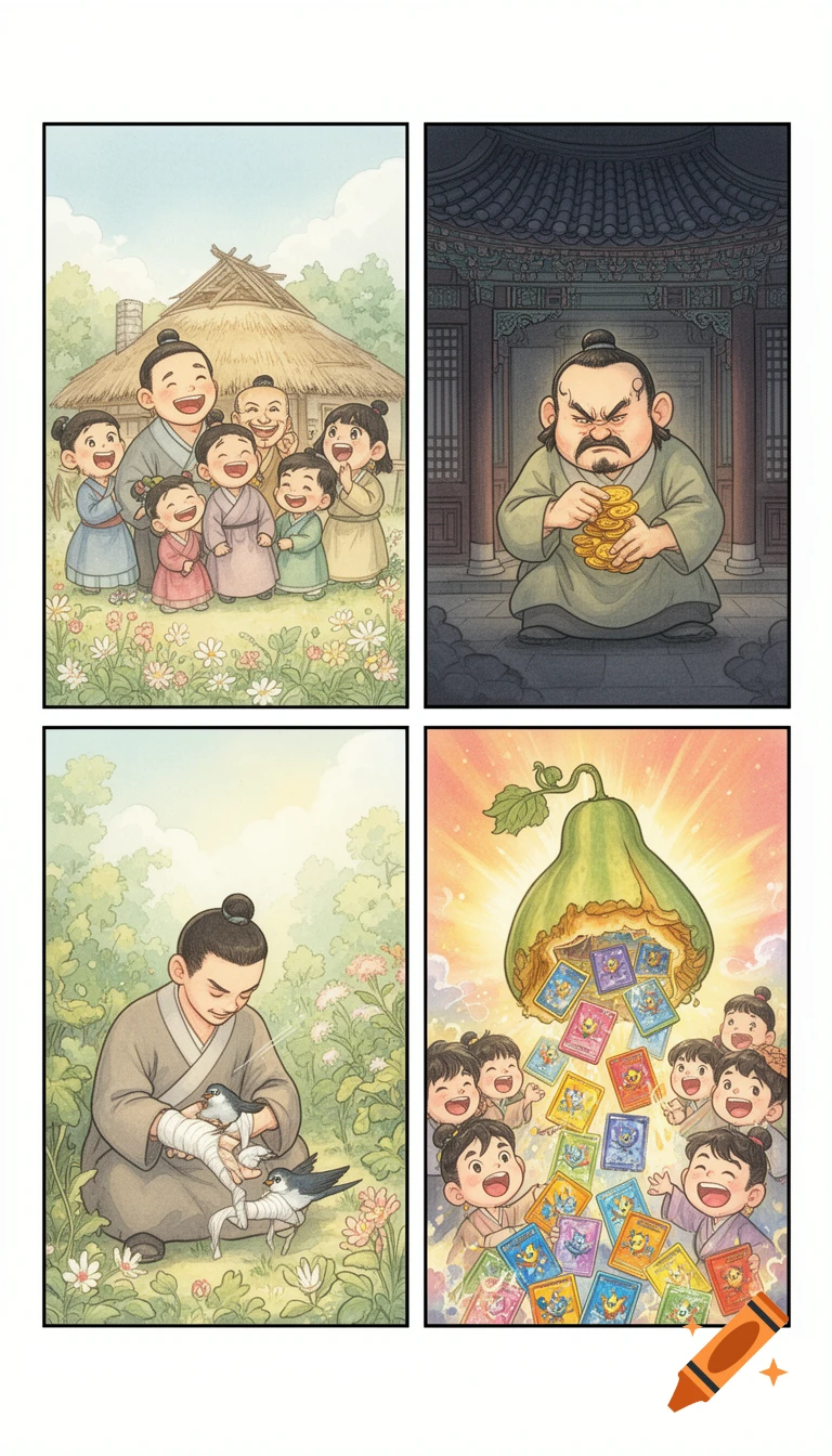 A watercolor 4-panel comic strip illustrating the Korean fairytale Heungbu and Nolbu: a happy family, a greedy man with gold, a man bandaging a swallow, and children with Pokemon cards from a magical gourd.