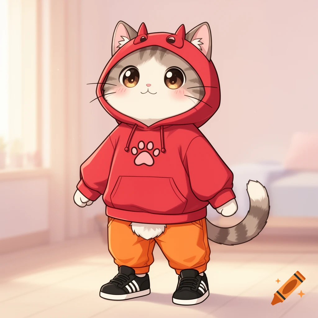 A kawaii tabby cat wearing a red devil-horned hoodie with a paw print, orange pants, and black striped sneakers.
