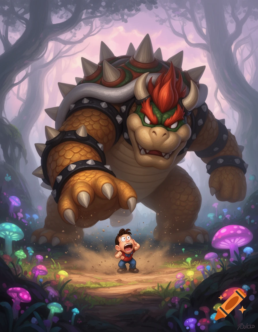 A giant, menacing Bowser looms over a tiny, terrified boy in a vibrant, magical forest with glowing mushrooms.