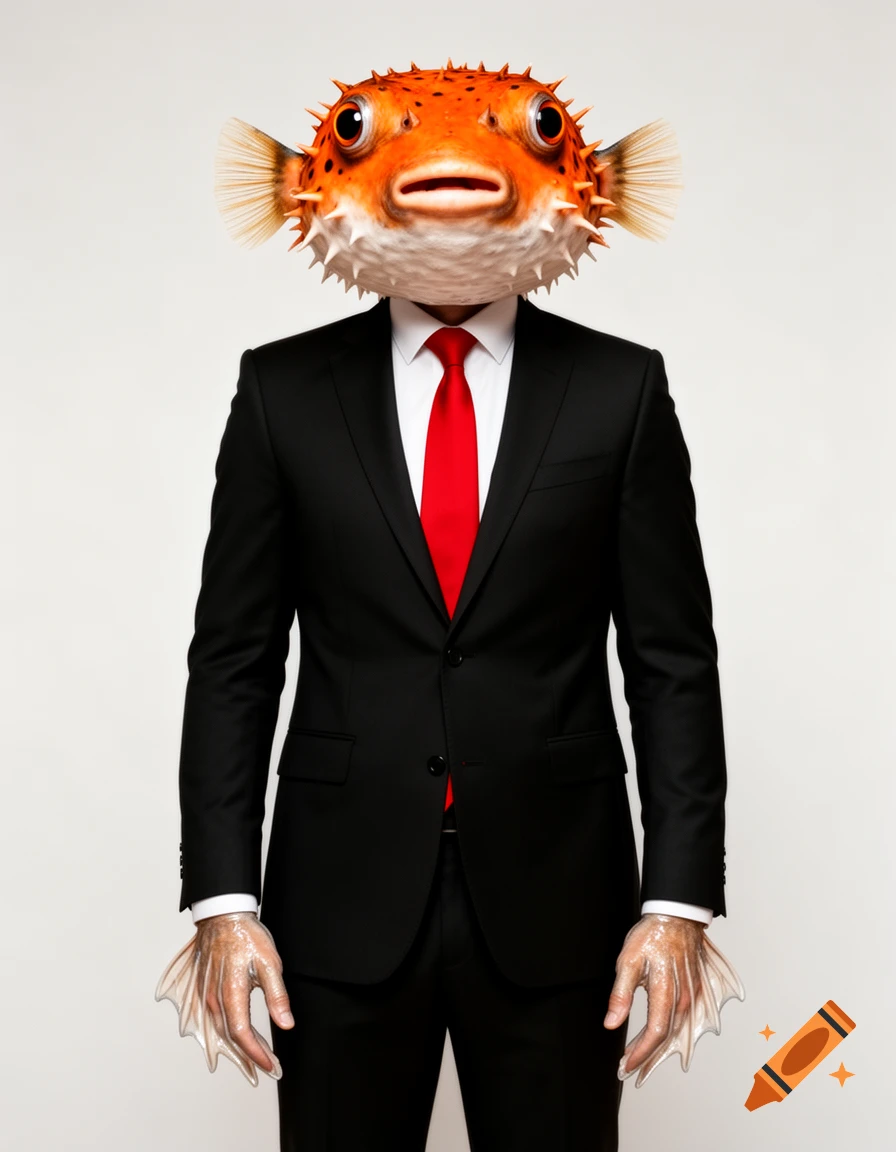 Full-body portrait of a man in a black suit with a pufferfish head and webbed hands.