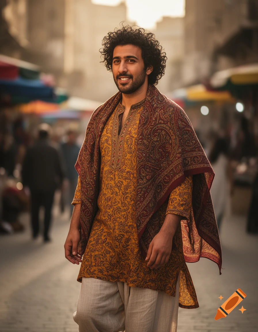 Smiling man with curly hair and beard in a patterned orange tunic and maroon shawl, standing in a busy street market.