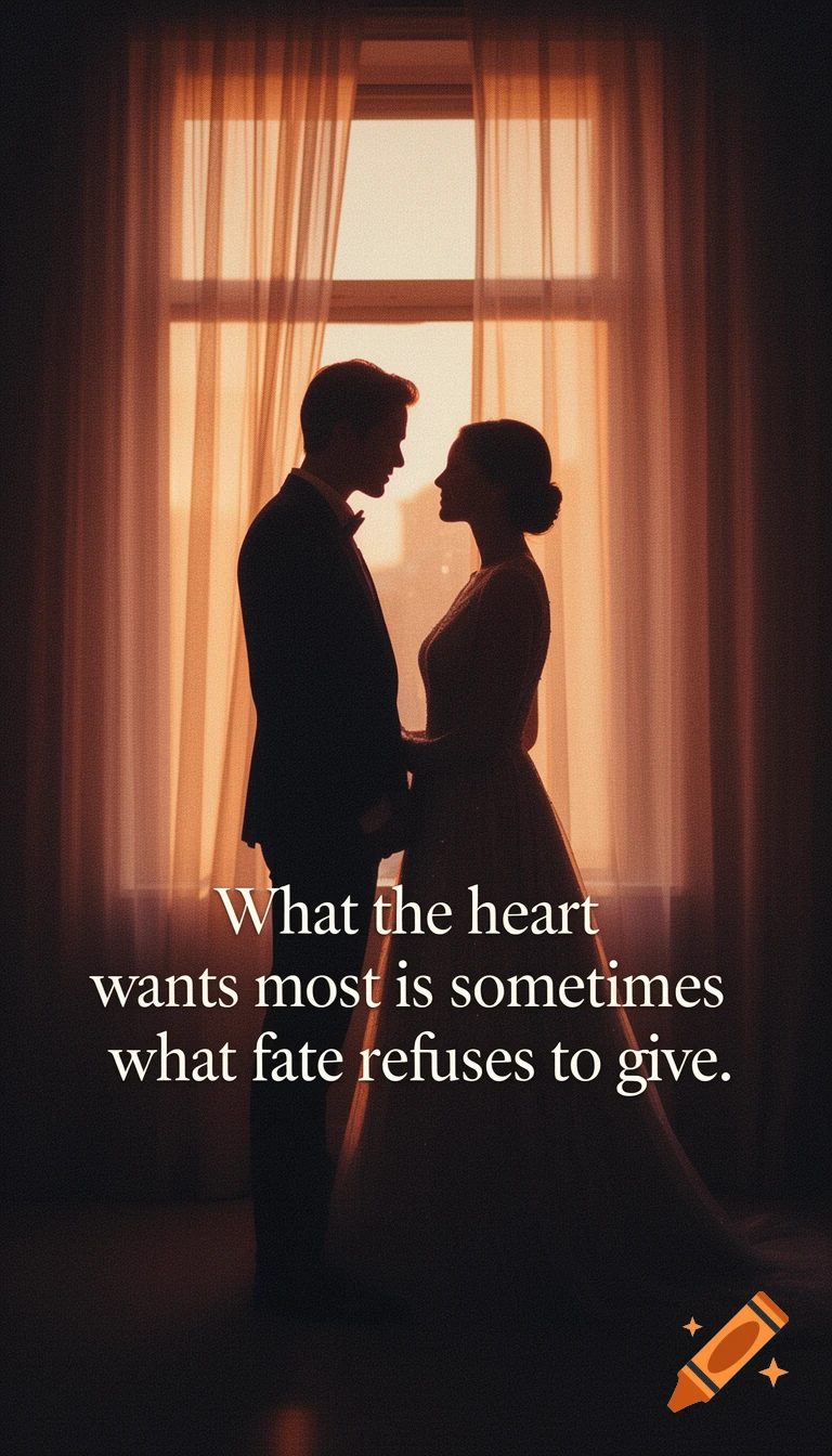 A romantic, cinematic silhouette of a couple gazing at each other in front of a sunlit window, with an emotional quote.