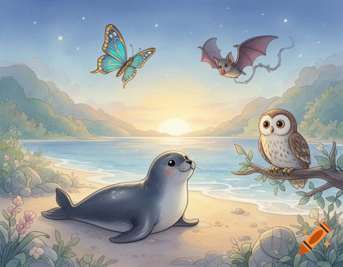 Watercolor illustration of a cute seal on a beach, an owl on a branch, a butterfly, and a bat flying at sunset.
