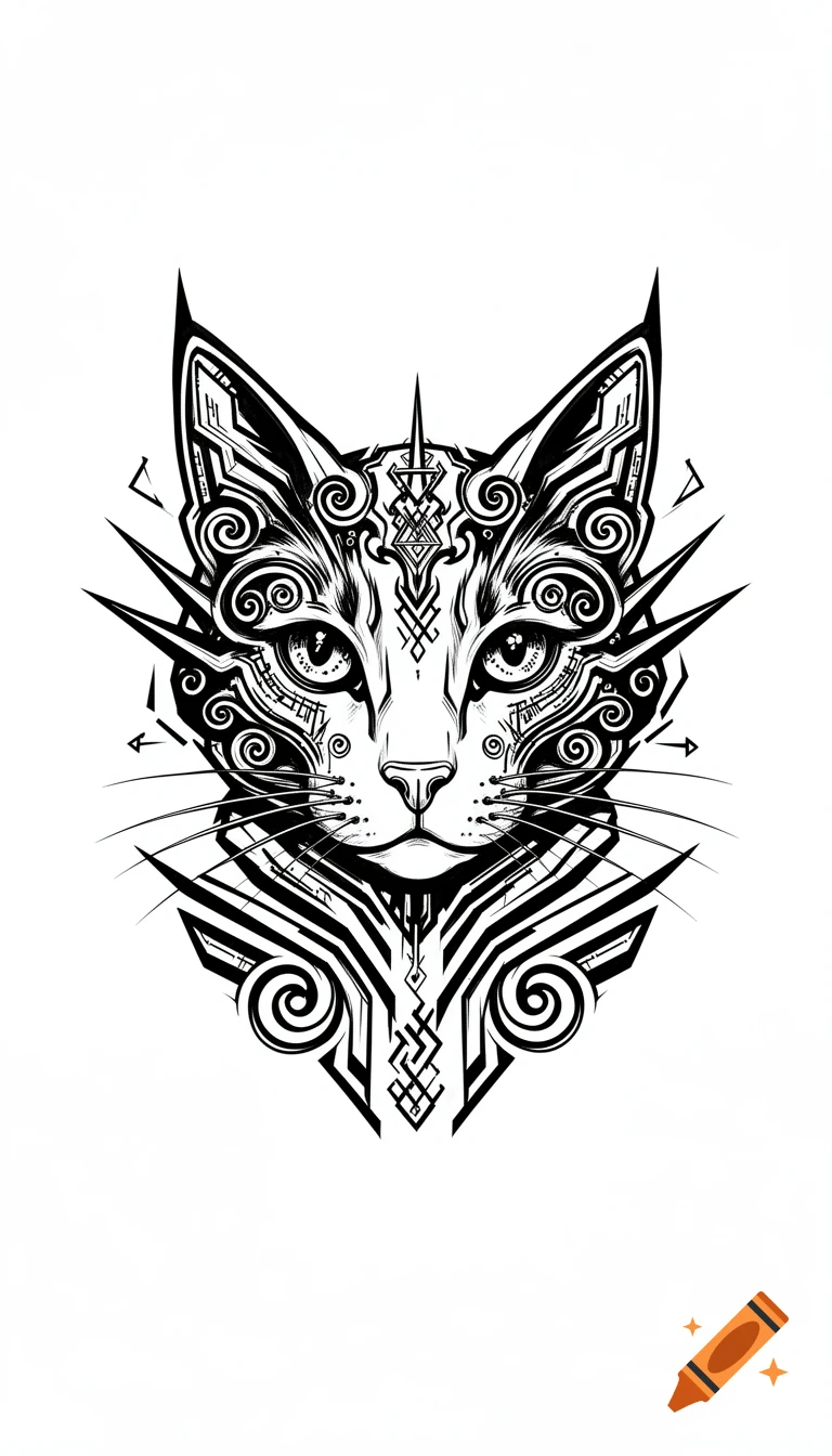 A detailed black and white cybersigilism illustration of a cat's face, featuring geometric patterns and sharp lines.