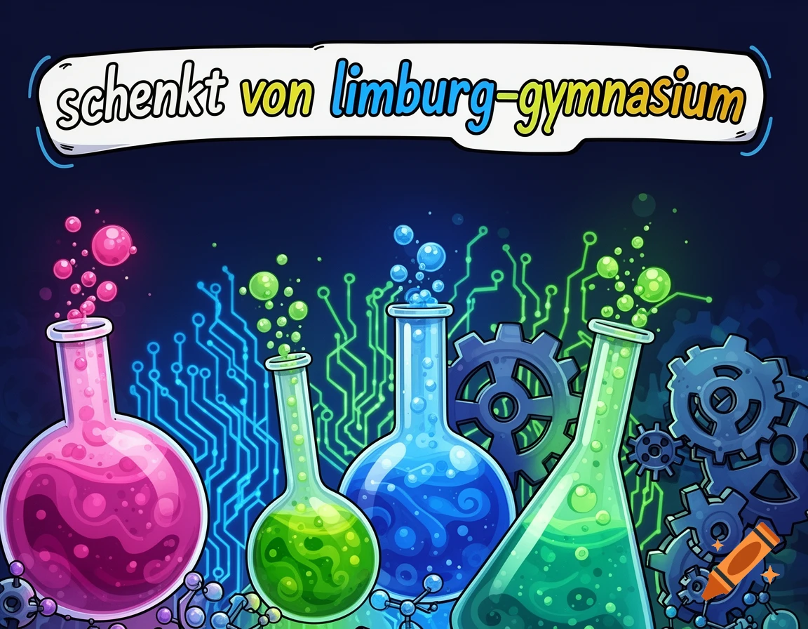 Cartoon illustration of colorful science flasks with bubbling liquids, circuit board patterns, gears, and the text 'schenkt von limburg-gymnasium'.