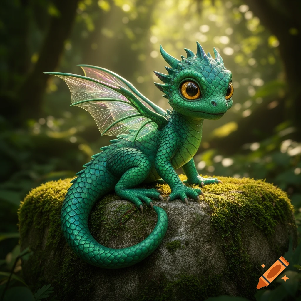 A cute, stylized green baby dragon with big eyes sits on a moss-covered rock in a sunlit forest.