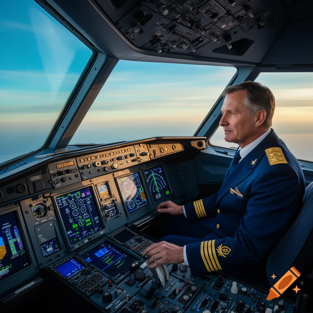 A male pilot in a blue uniform sits in the cockpit of a modern airplane, looking out the window at a clear sky.