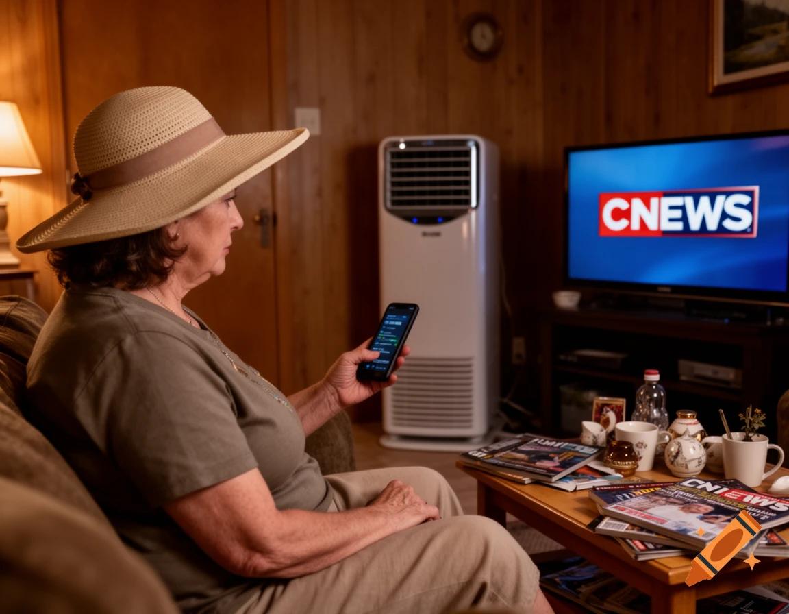 An elderly woman wearing a straw hat sits on a couch, looking at her phone, with a TV displaying "CNEWS" in the background.