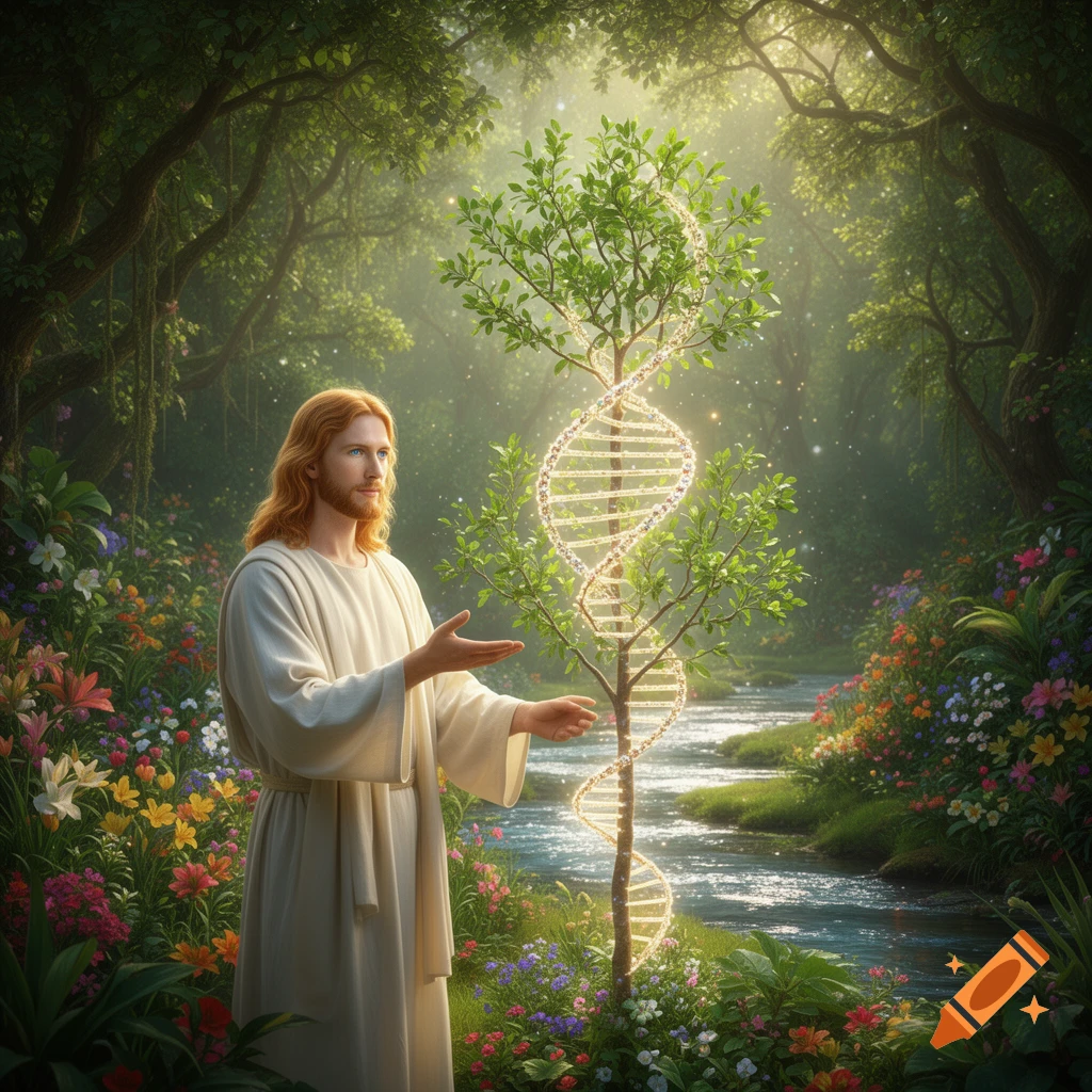 A figure resembling Jesus stands in a lush garden next to a glowing, DNA-shaped tree, with a stream and colorful flowers.