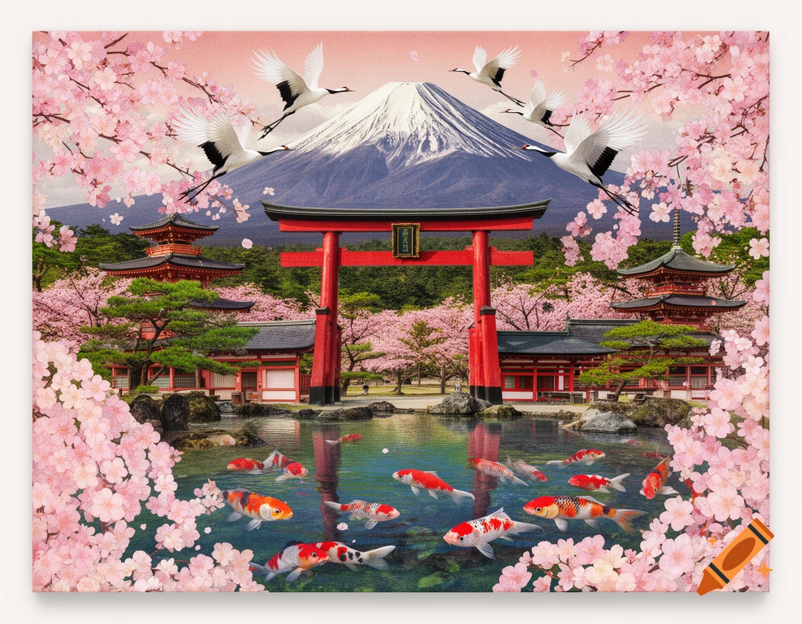 A vibrant Japanese collage featuring Mount Fuji, red torii gate, temples, flying cranes, koi pond, and cherry blossoms.