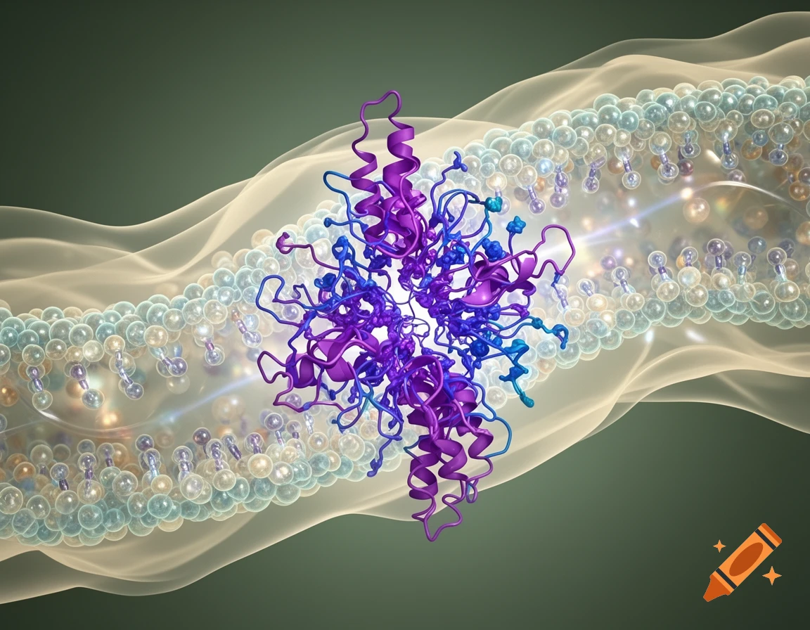 Scientific illustration of a complex purple and blue protein interacting with a chain of translucent molecular spheres.
