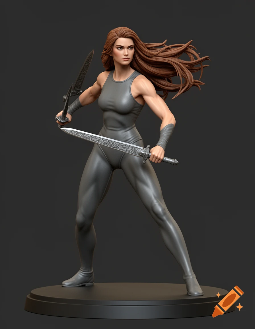 A digital sculpt of a female mystic warrior in a gray bodysuit, holding twin swords in a dynamic combat stance on a pedestal.
