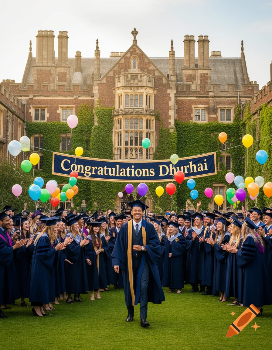 A male graduate smiles, walking through a cheering crowd of graduates in gowns, under a 'Congratulations Dhurhai' banner and colorful balloons, in front of a historic college building.