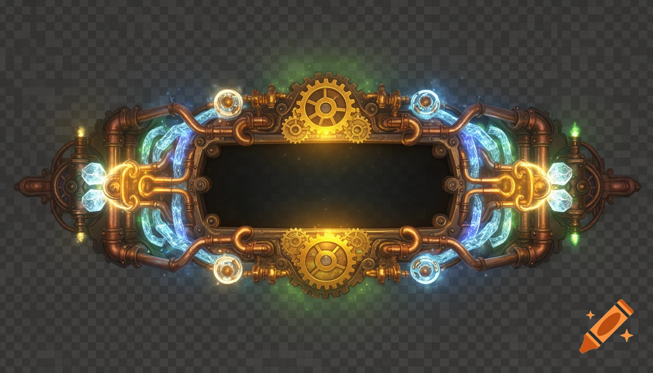 An intricate steampunk-themed frame with copper pipes, glowing energy conduits, and gears surrounding a dark, empty central aperture.
