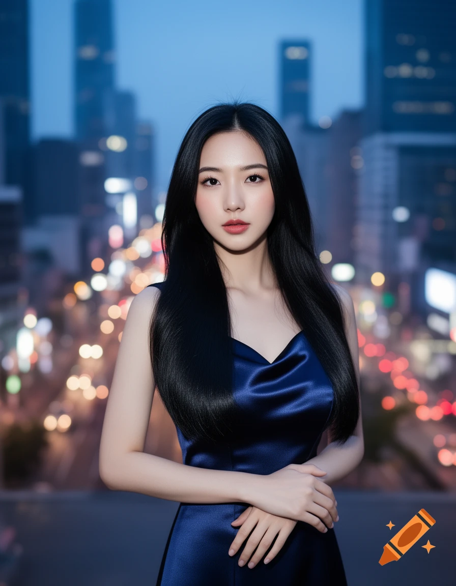 Photorealistic portrait of a young Asian woman in a blue satin dress, standing against a blurred city night skyline.