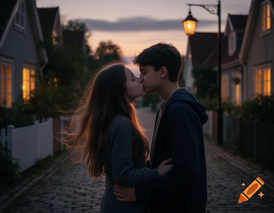 A young boy and girl share a kiss on a cobblestone street at dusk, with houses and a lit streetlamp in the background.
