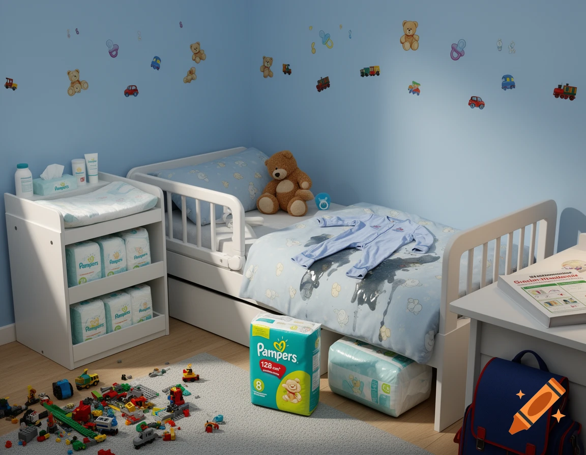 A child's bedroom with a bed, changing table with diapers, and toys on the floor, including a wet bed sheet.