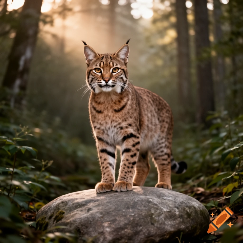 A photorealistic bobcat with spotted fur stands on a mossy rock in a sunlit forest.
