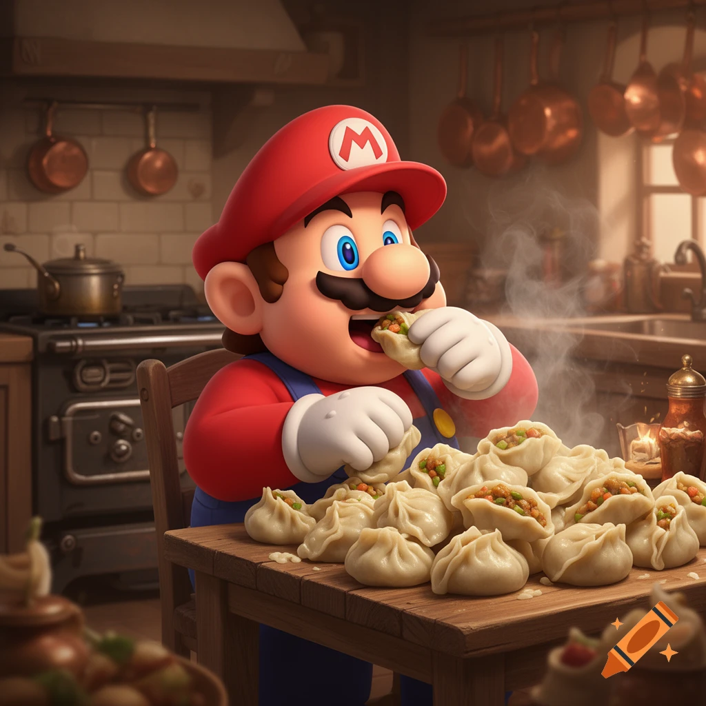 Cartoon Mario sits in a rustic kitchen, happily eating steaming dumplings from a large pile on a wooden table.