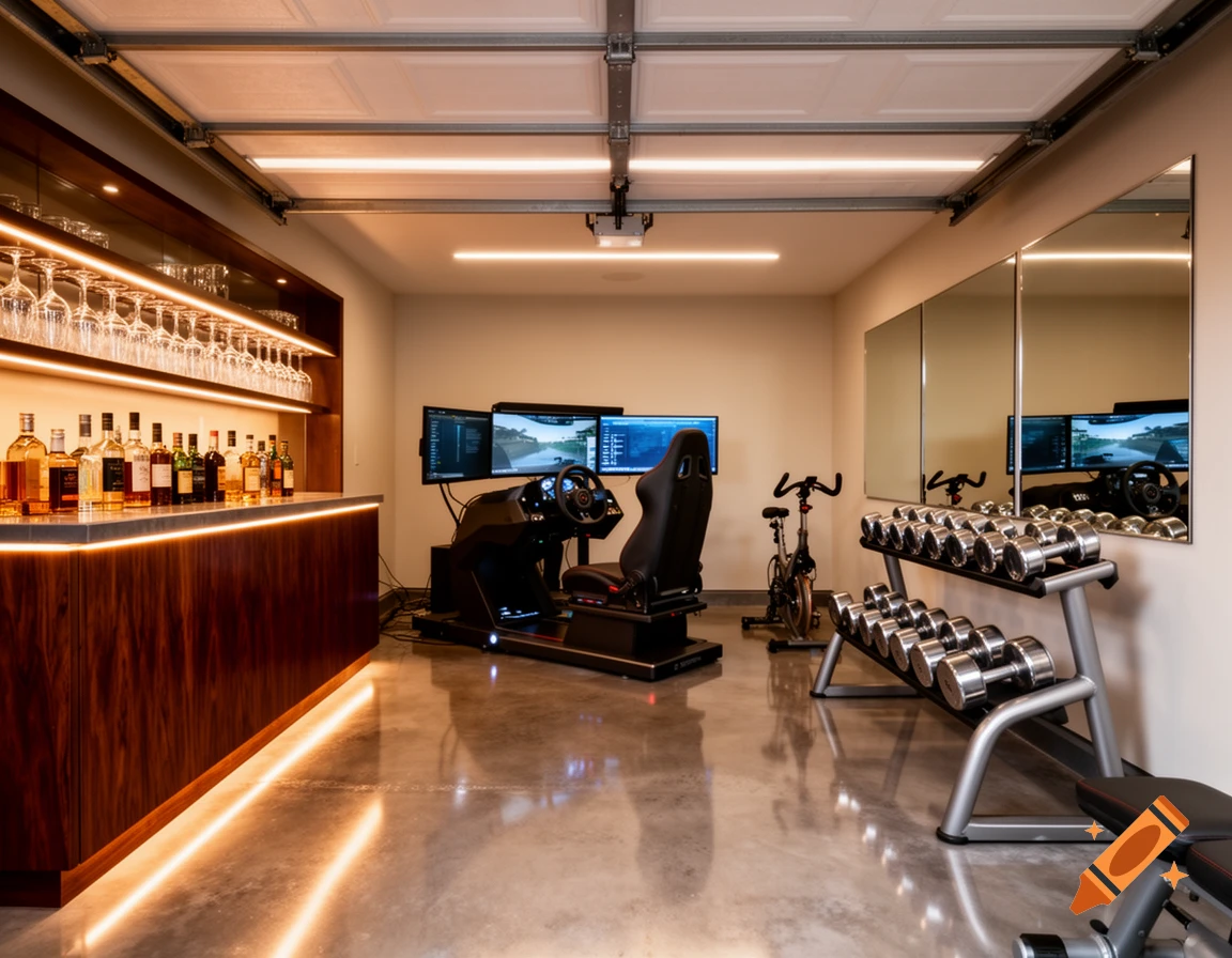 A modern garage converted into a home gym with a racing simulator, a well-stocked bar, and a set of dumbbells with an exercise bike.