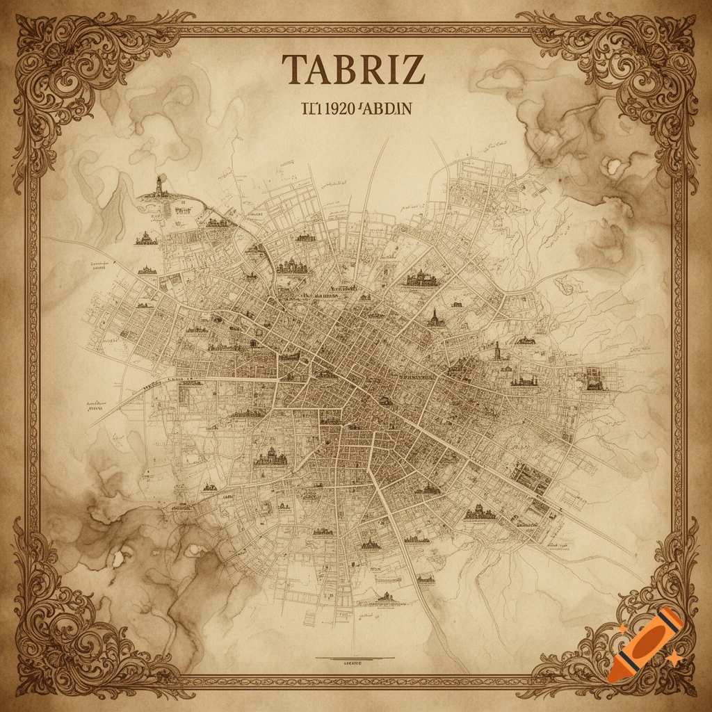 An antique-style map of Tabriz from 1920, featuring detailed city streets, buildings, and a decorative border, all in sepia tones.
