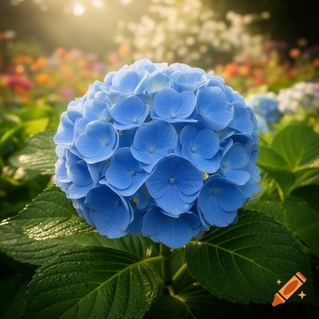 Close-up of a vibrant blue hydrangea with water droplets on its petals, set against a blurred garden background with warm sunlight.