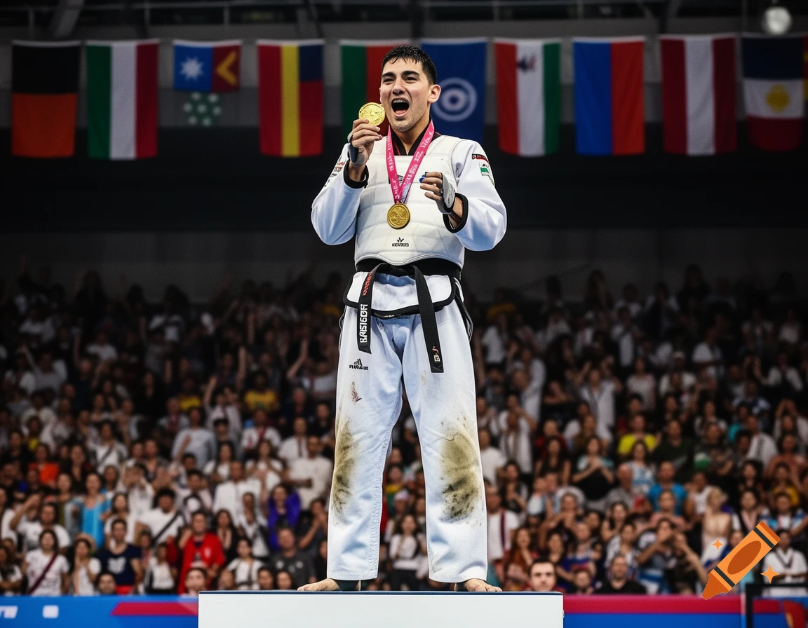 A male taekwondo athlete on a podium, holding a gold medal to his mouth with a triumphant expression. Flags hang in the background.